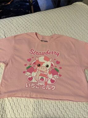 Hot Topic Pink Strawberry Cow Graphic Crop Tee